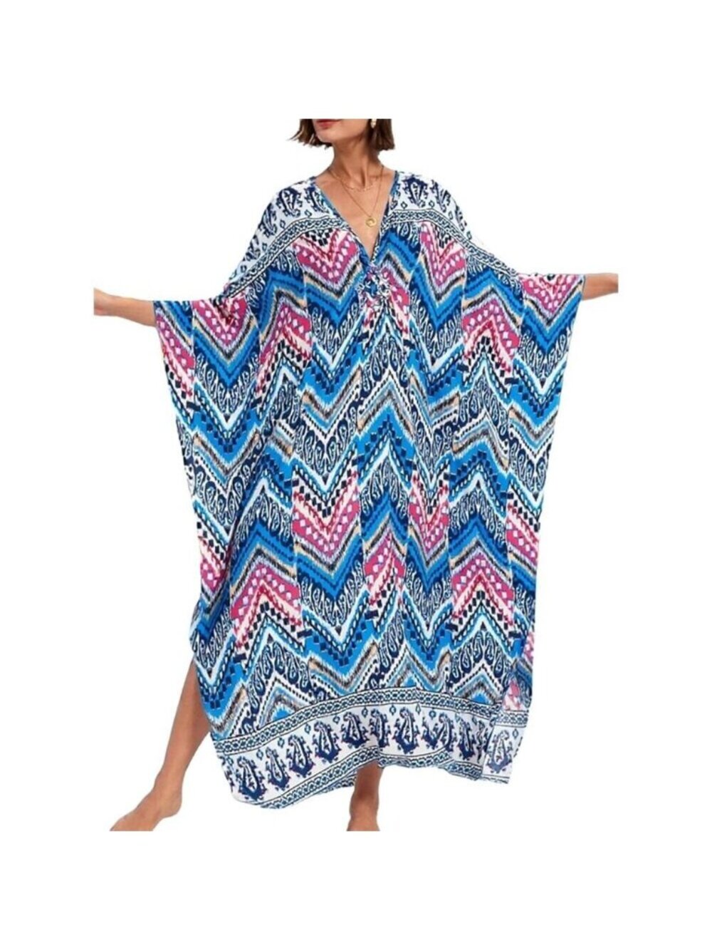 Women Blue White Pink Vneck Batwing Sleeve Flowy Split Hem Bohemian Kaftan Dress